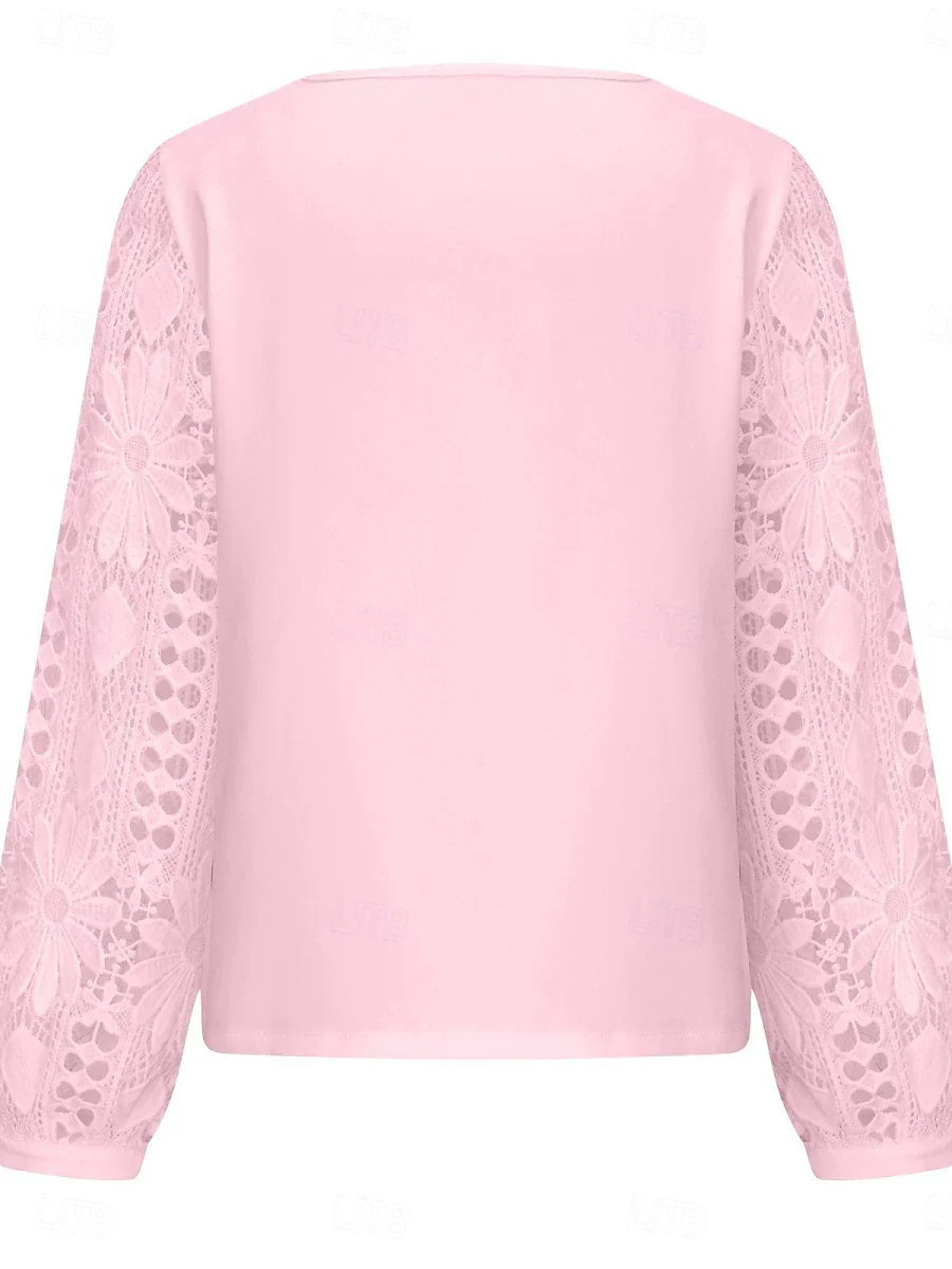 Elegante weiße Spitzenbluse für Damen mit Lochstickerei, lässige einfarbige Bluse mit langen Ärmeln, asymmetrischer Spitzen-Patchwork-Verzierung, normale Passform, für den Alltag, in Schwarz, Weiß und Rosa, romantische Petite-Bluse, Sommer-Urlaubsmode