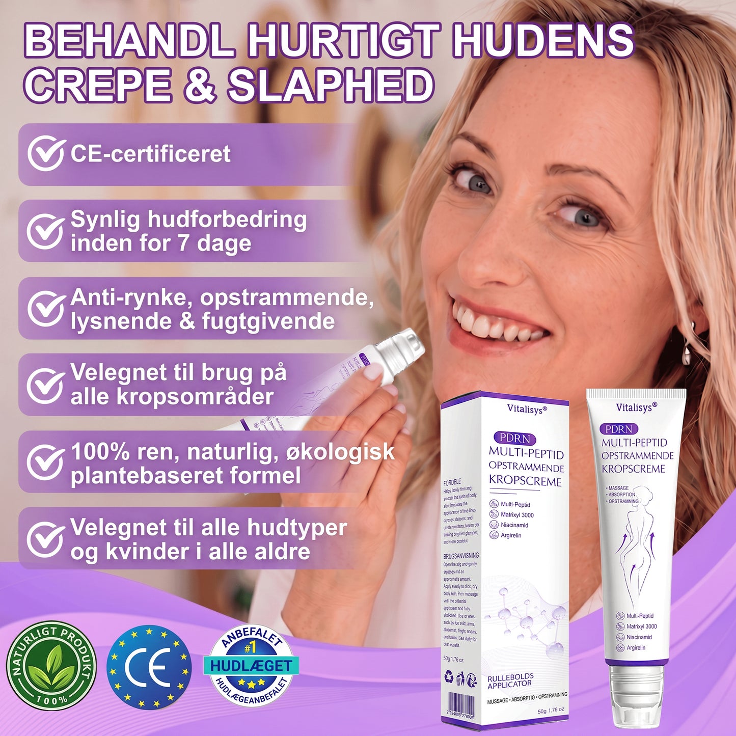 💎 Vitalisys ® PDRN Multi-Peptid Massage Kropsrullecreme - Anti-aldring, fugtgivende, hudstramning og løft, genopretter hudens tilstand, jævner hudtonen, behandling af akne og mørke pletter, fjerner vorter samt lindrer mod rødme og psoriasis.