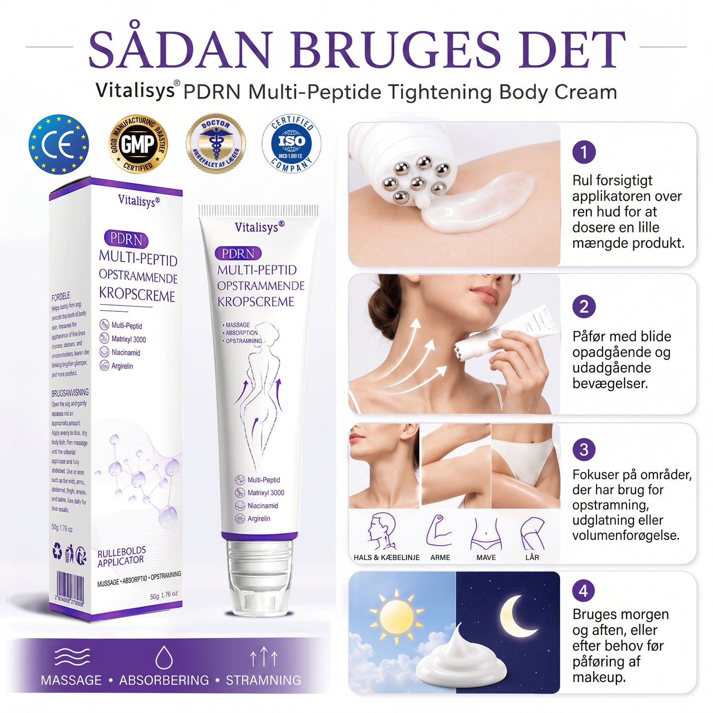 💎 Vitalisys ® PDRN Multi-Peptid Massage Kropsrullecreme - Anti-aldring, fugtgivende, hudstramning og løft, genopretter hudens tilstand, jævner hudtonen, behandling af akne og mørke pletter, fjerner vorter samt lindrer mod rødme og psoriasis.