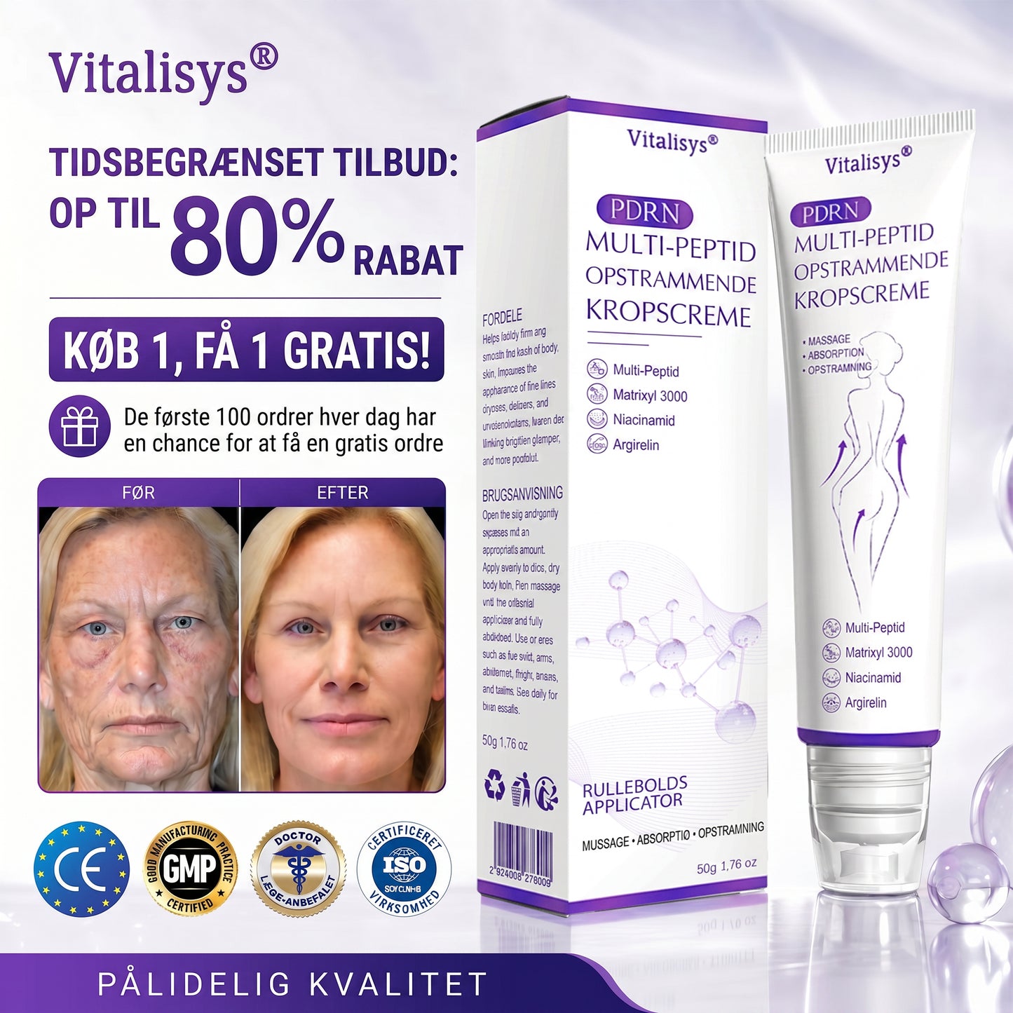 💎 Vitalisys ® PDRN Multi-Peptid Massage Kropsrullecreme - Anti-aldring, fugtgivende, hudstramning og løft, genopretter hudens tilstand, jævner hudtonen, behandling af akne og mørke pletter, fjerner vorter samt lindrer mod rødme og psoriasis.