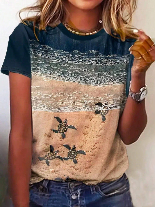 Damen-T-Shirt Ocean Casual Kurzarm Rundhalsausschnitt Reguläre Oberteile Täglicher Druck Blau Sommer Frühling