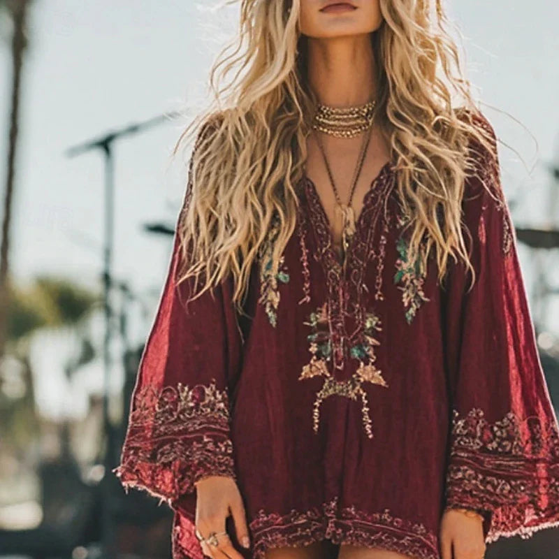 Damen-Midikleid Boho-Kleid Vintage-Klassiker Urlaub Alltag Reguläre Passform Blumenmuster Langarm V-Ausschnitt Rot Sommer