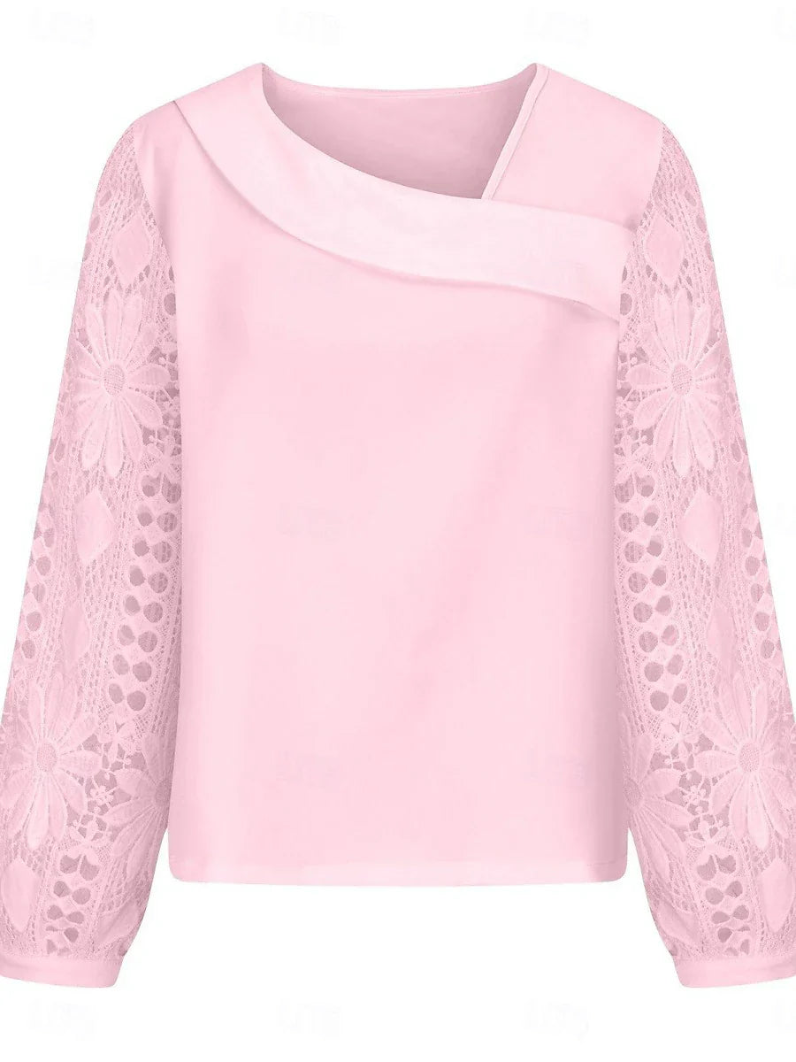 Elegante weiße Spitzenbluse für Damen mit Lochstickerei, lässige einfarbige Bluse mit langen Ärmeln, asymmetrischer Spitzen-Patchwork-Verzierung, normale Passform, für den Alltag, in Schwarz, Weiß und Rosa, romantische Petite-Bluse, Sommer-Urlaubsmode
