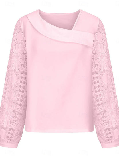 Elegante weiße Spitzenbluse für Damen mit Lochstickerei, lässige einfarbige Bluse mit langen Ärmeln, asymmetrischer Spitzen-Patchwork-Verzierung, normale Passform, für den Alltag, in Schwarz, Weiß und Rosa, romantische Petite-Bluse, Sommer-Urlaubsmode